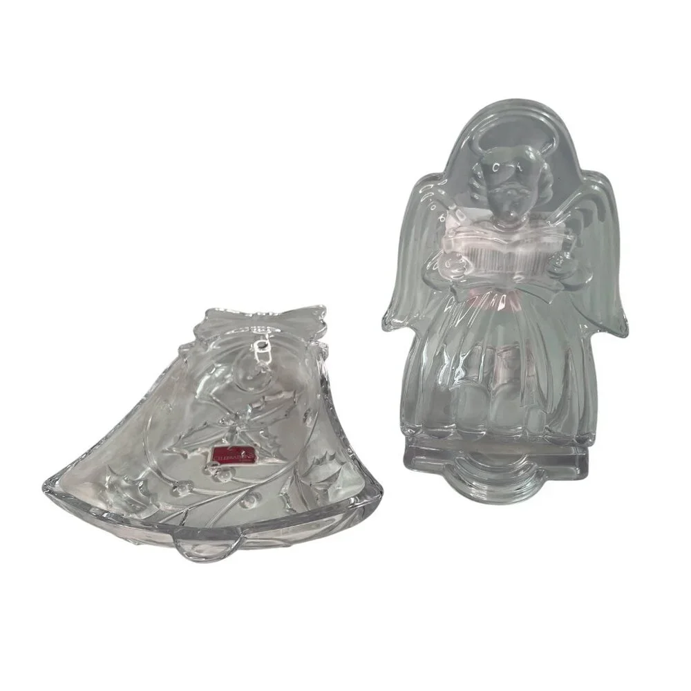 Mikasa Angel Tea Candle Holder & Bell Shaped Clear Crystal Candy Dish Christmas
